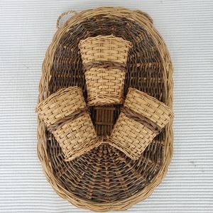 Rattan Wicker Wall Pocket Hanger Pot 17.5x11.5 Oval Beige Brown Basket Vintage